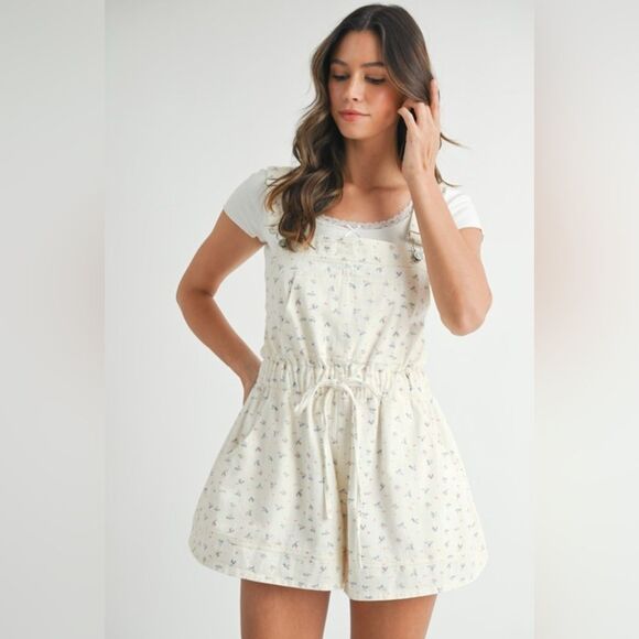 Whitney Cream Floral Overall Romper - Picture 1 of 14